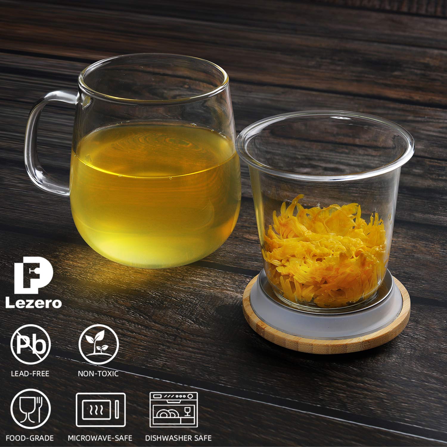 Lezero 15oz Borosilicate Glass Tea Infuser Cup with Strainer & Lid - Heat Resistant, Lead-Free, Microwave & Dishwasher Safe - Perfect for Blooming Tea, Loose Leaf Tea & Herbal Infusions - Ideal for Home, Office & Gift for Tea Lovers