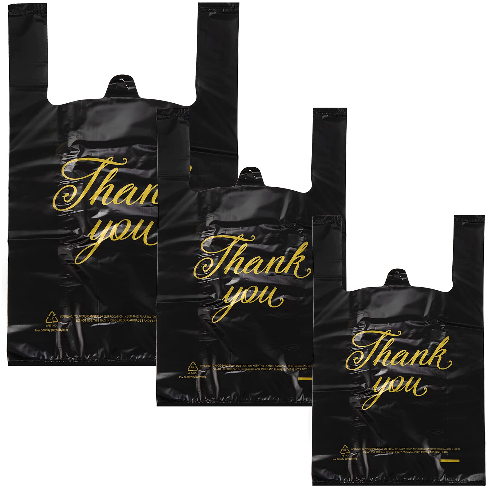 200-Piece Thank You T-Shirt Bags Set - 3 Sizes Plastic Shopping Bags with Handles for Boutiques, Grocery, Takeout & Supermarkets (Black with Gold Lettering) - Perfect for Retail Packaging, Gift Bags & Party Favors