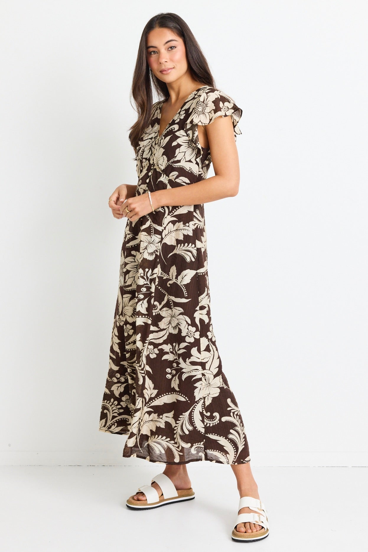 Elegant Floral Print Fluted Sleeve Button Front Midi Dress for Women | Perfect for Weddings, Parties & Date Nights