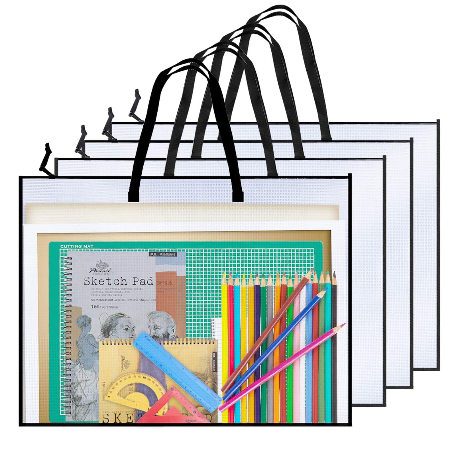 Opret 4-Pack 19x25 Inch Art Portfolio Bags with Handle & Zipper - Vinyl Mesh Artwork Storage Case for Bulletin Boards, Scrapbooks, Posters & Keepsakes - Perfect for Artists, Students & Teachers Organization
