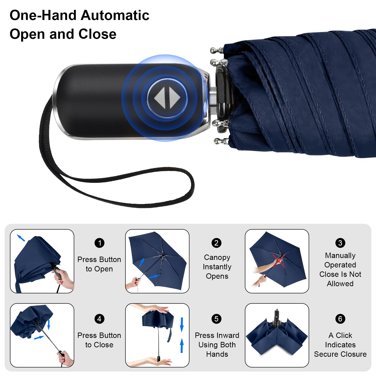 LEAGERA Automatic Compact Travel Umbrella - Portable Collapsible Mini Pocket Umbrella for Backpack, Rain Protection - Ultralight Dark Blue Umbrellas (2 Pack) - Perfect for Commuting, Hiking & Outdoor Activities