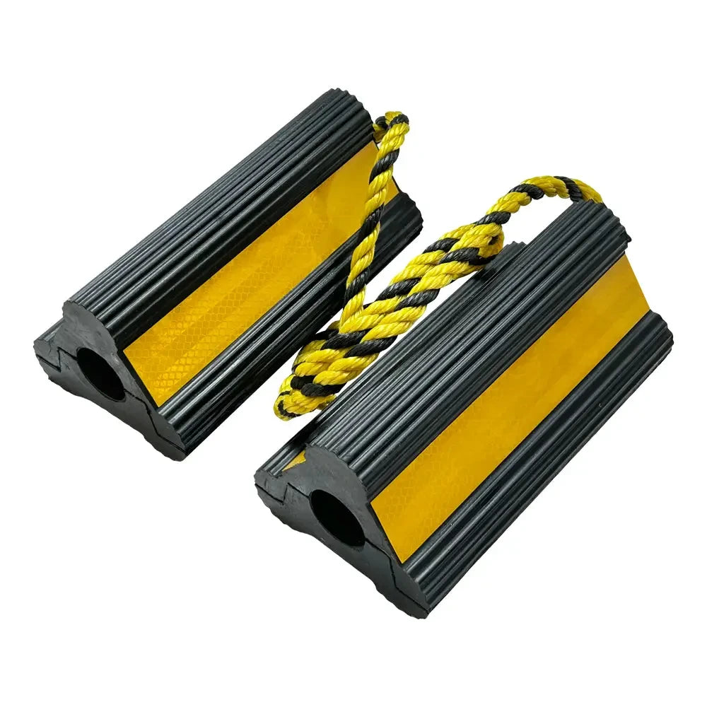 HD Rubber Wheel Chocks with Connecting Rope - Small Size for Truck, RV, Boat & Trailer Parking Safety | Non-Slip Vehicle Stabilizers for Garage, Driveway & Outdoor Use