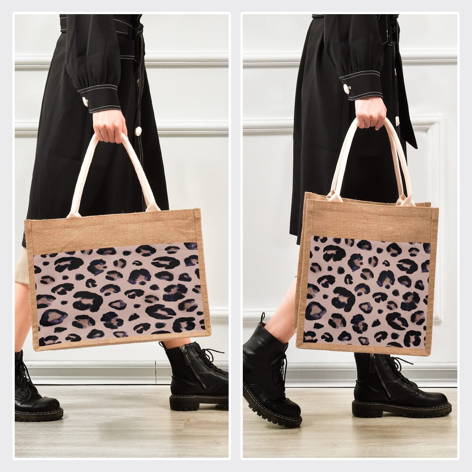 ALAZA Leopard Print Cheetah Jute Tote Bag for Women - Eco-Friendly Grocery Shopping Bag with Sturdy Handles - 14.2 x 12.6 x 7.1 Inches - Perfect for Beach, Travel, Picnic & Daily Use