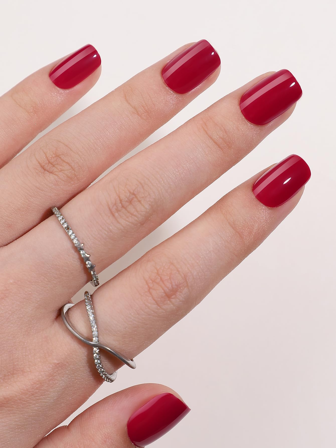 Dark Red Press On Nails Short Square - Glossy Fake Nails with Adhesive | Reusable Soft Gel False Nails for Women | Perfect for Parties, Weddings & Everyday Wear