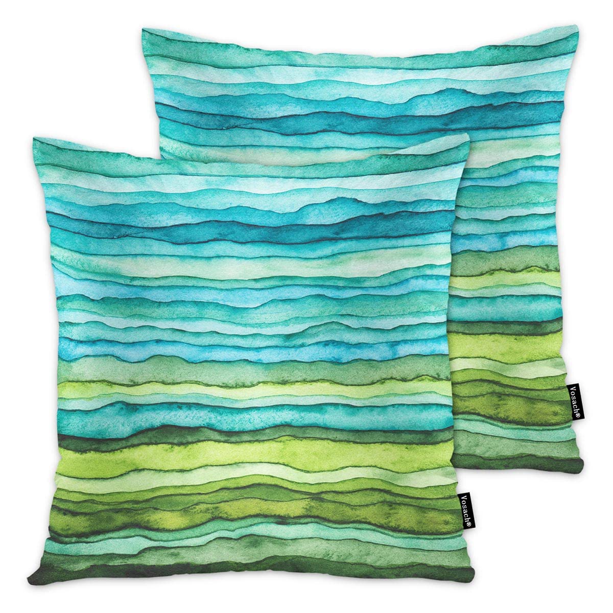 Vosach Blue and Green Waves Pillow Covers 18x18 Inch - Watercolor Striped Wavy Square Throw Pillow Cases for Bedroom, Living Room & Office - Double-Sided Decorative Cushion Covers Set of 2 - Perfect for Sofa, Couch, Chair and Home Decor