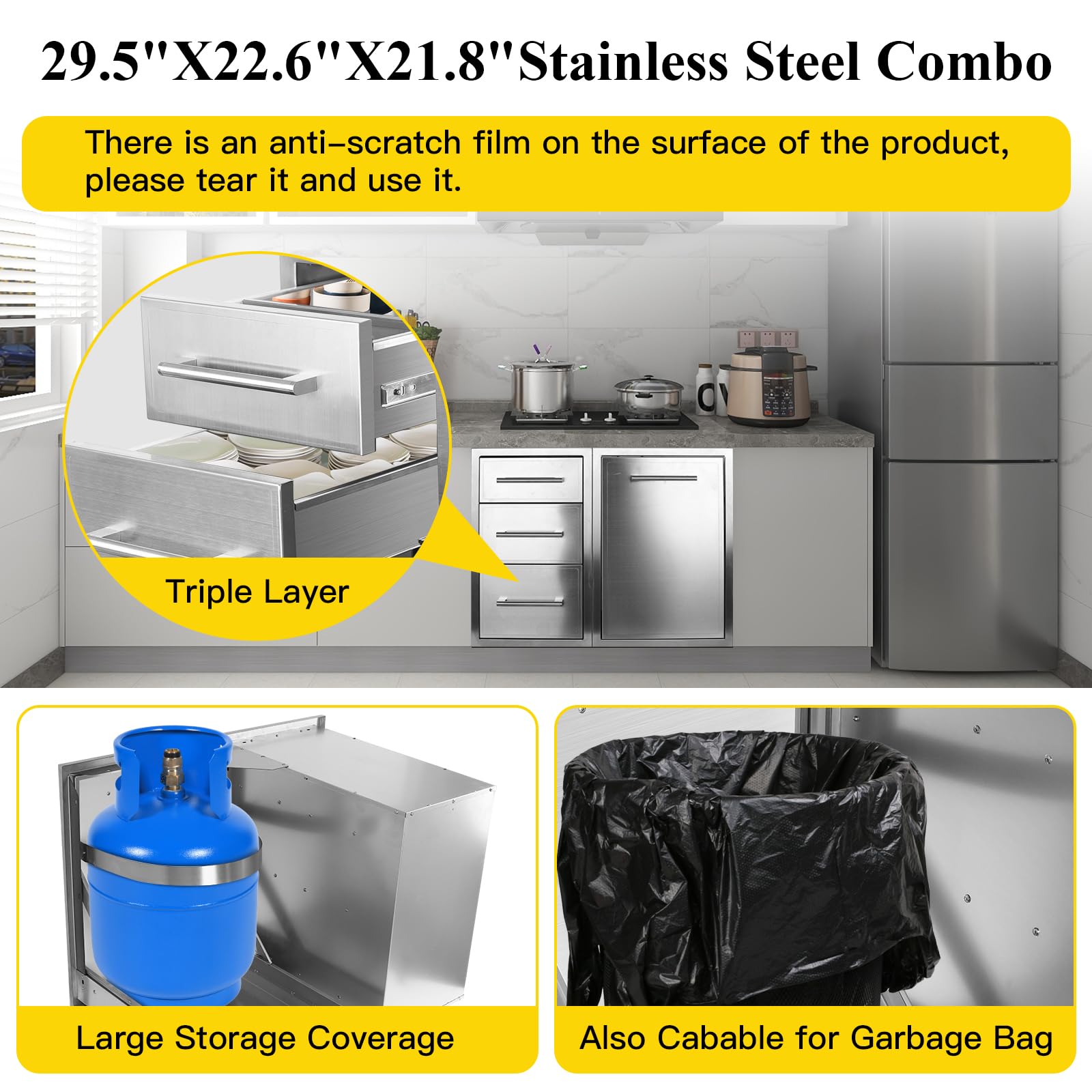 Outdoor Kitchen Drawer Combo with BBQ Access Trash Drawer & Propane Tank Tray - 29.5