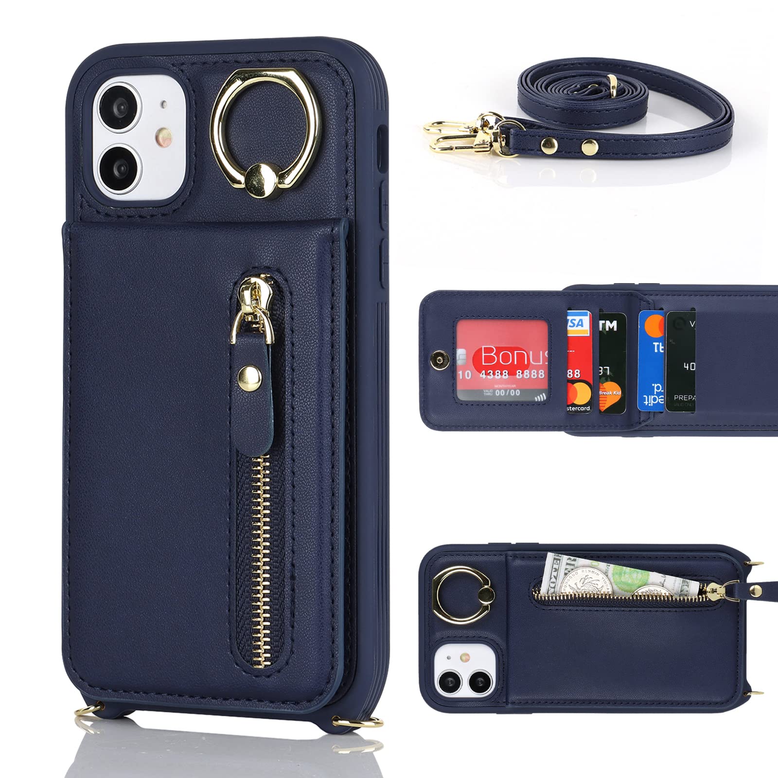 Premium Shockproof iPhone 11 Case with Card Holder & Wrist Strap - Wallet Phone Case with Kickstand, Zipper Closure & Credit Card Slots (Blue) | Perfect for Women's Everyday Use, Travel & Hands-Free Convenience
