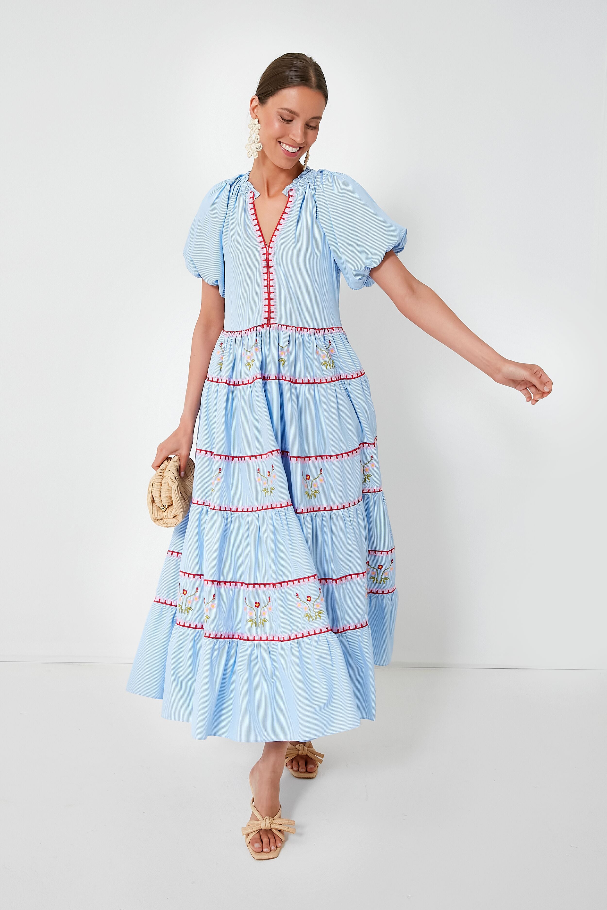 Blue Pinstripe Embroidered V-Neck Lillian Maxi Dress for Women | Elegant Floral Embroidered Summer Dress for Weddings, Parties & Beach Vacations