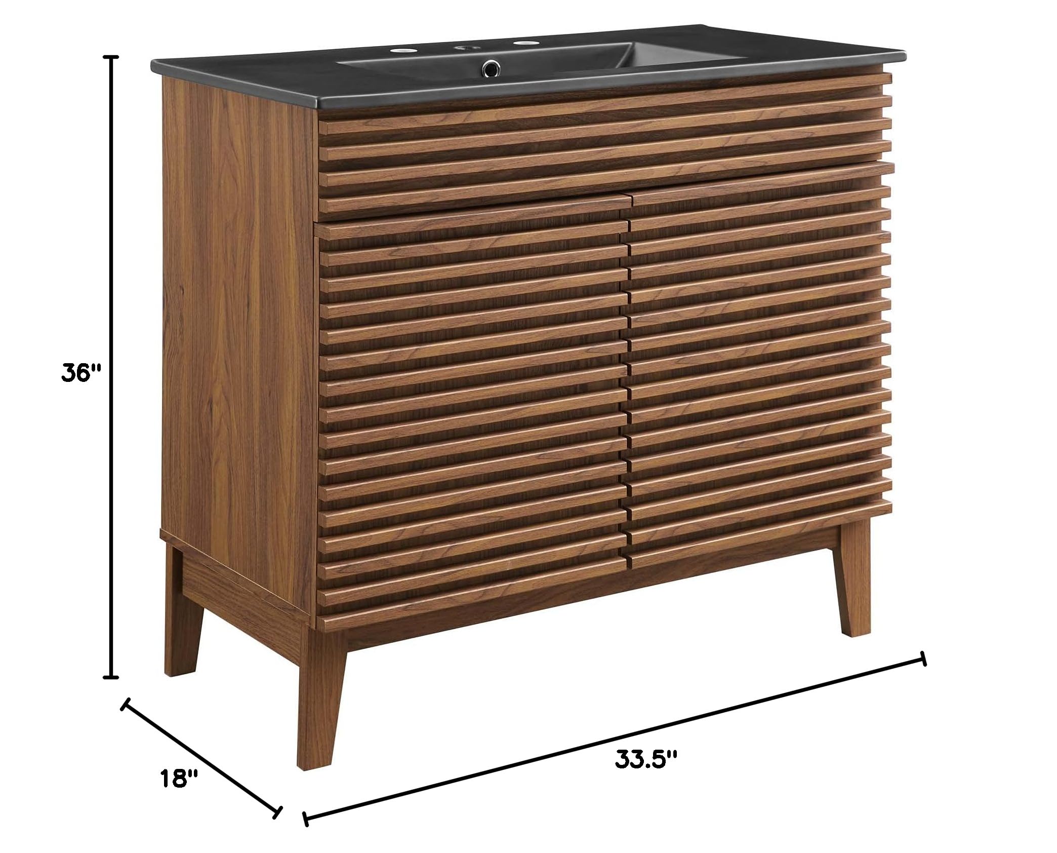 Modway Render 36 Inch Walnut Black Bathroom Vanity with Mirror - Modern Single Sink Vanity for Small Bathrooms & Powder Rooms