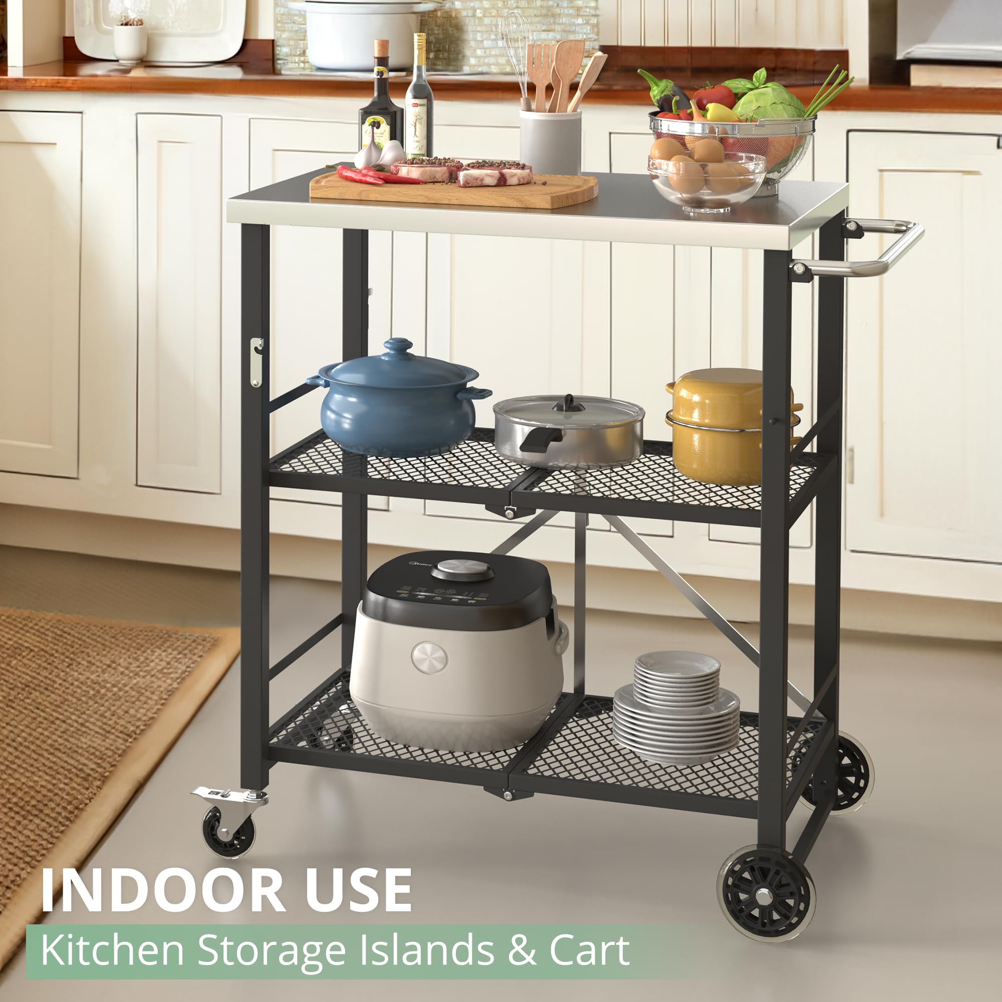 Foldable Outdoor Grill Cart with 2 Locking Casters - Stainless Steel BBQ Table & Pizza Oven Stand - 3-Shelf Folding Kitchen Island - Black | Perfect for Backyard Cooking, Camping & Outdoor Entertaining