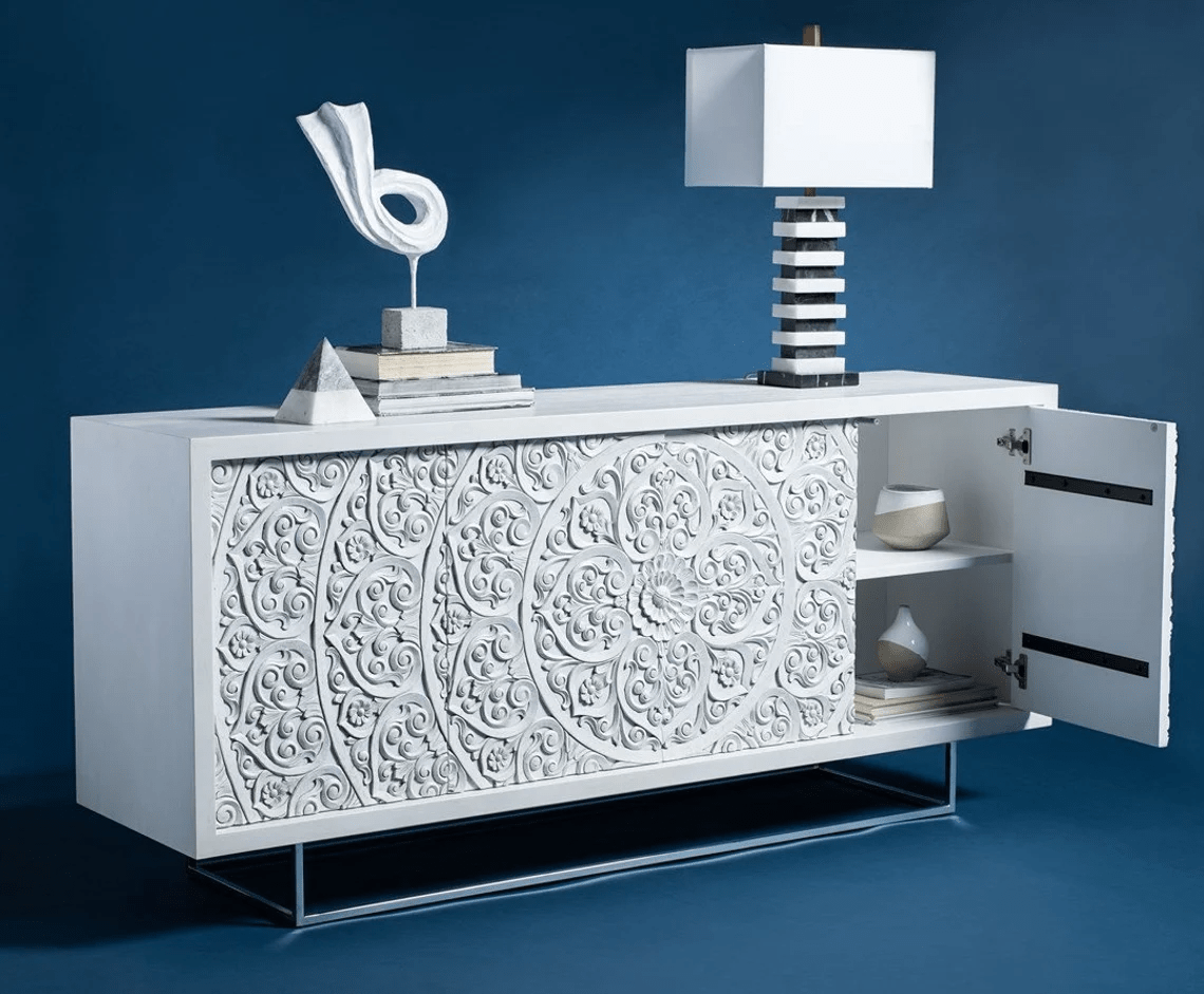 Hand Carved White Wood Sideboard with Metal Base - Indian Carving Buffet Table for Dining Room, Living Room & Entryway Storage