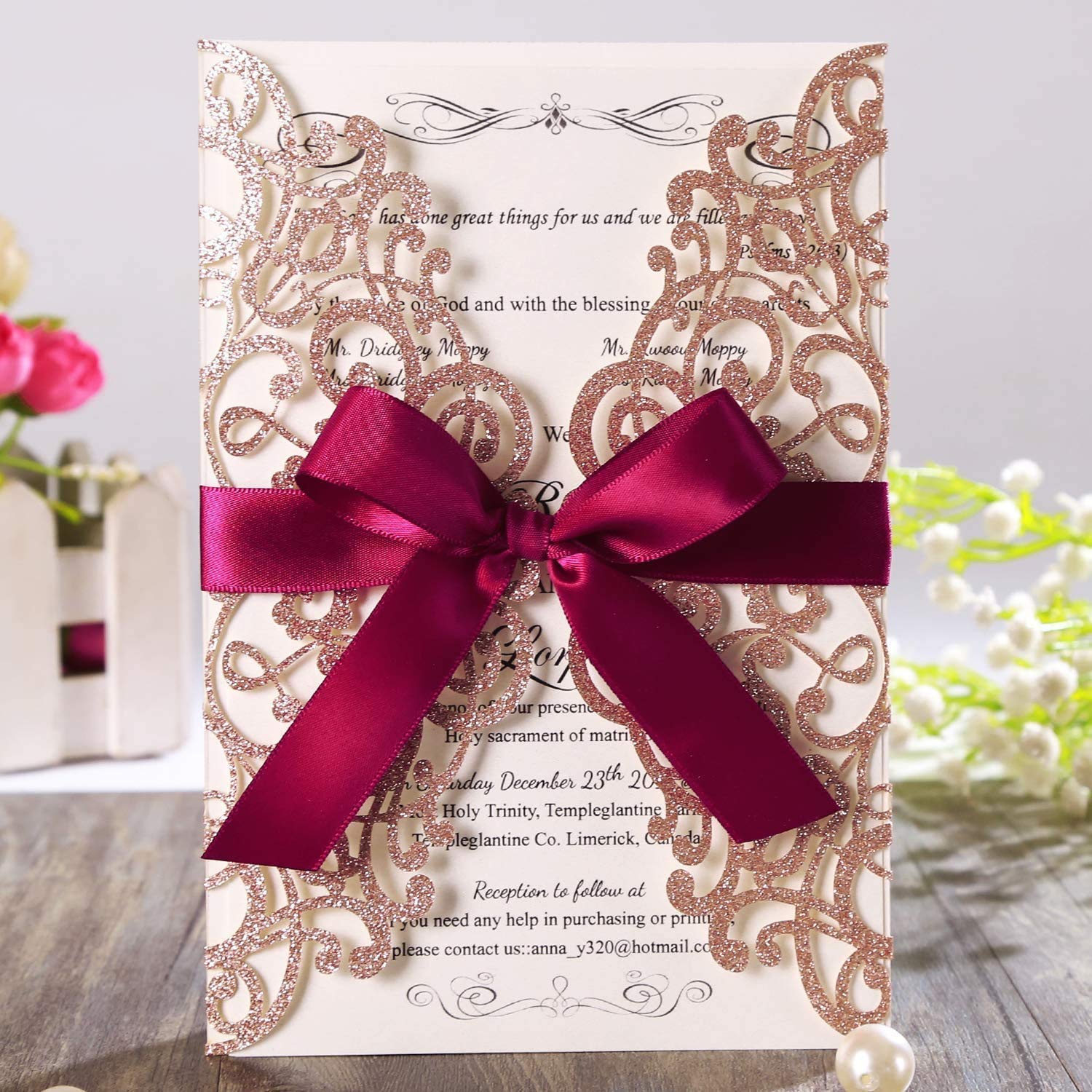 50PCS Laser Cut Lace Rose Wedding Invitation Cards Set with Ribbon & Envelopes - 5.12