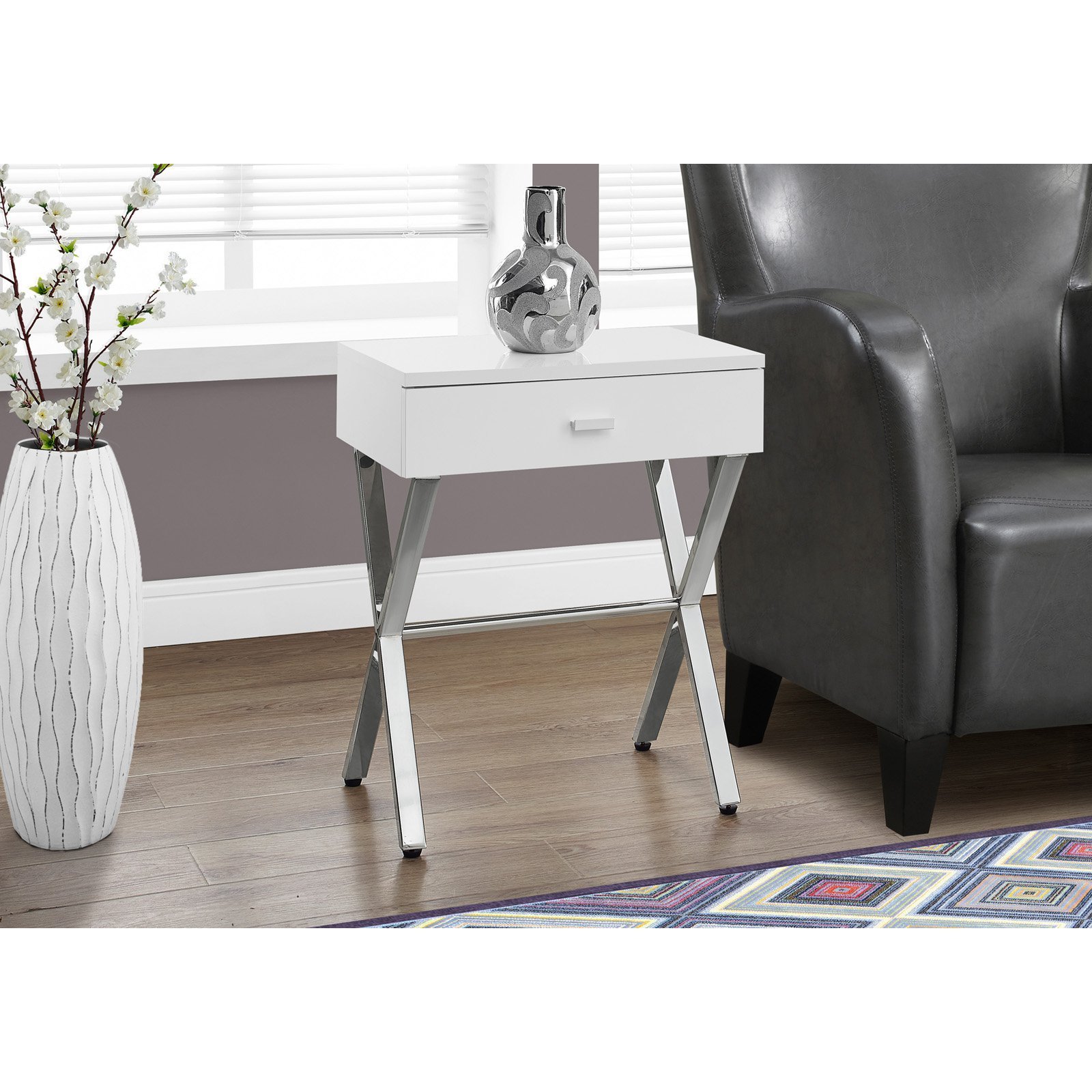 Monarch Specialties Chrome Metal Nightstand Accent Table - 22 x 12 x 18 Inches Glossy White End Table for Bedroom, Living Room & Office