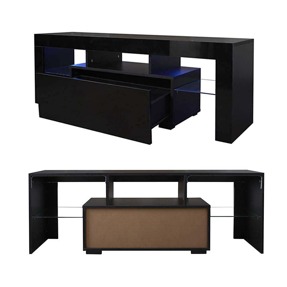 Modern LED TV Stand with Single Drawer - Black Entertainment Center Cabinet for 50-55 Inch TVs - Living Room & Bedroom Furniture for Home Theater Setup