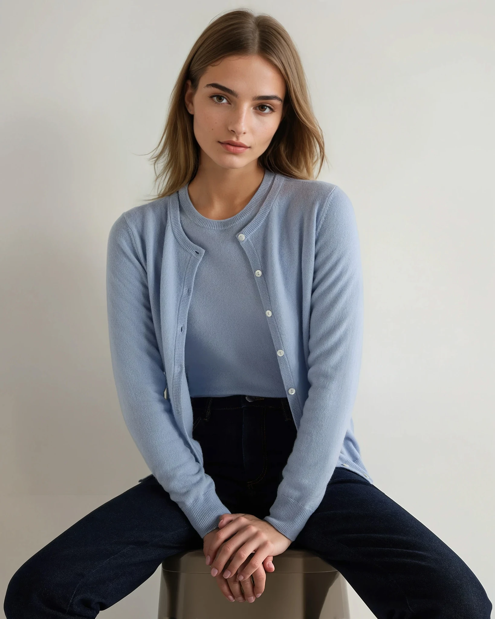Women's Olivia Round Neck Cashmere Cardigan - Soft & Warm Sea Mist Blue Sweater for Fall & Winter | Perfect for Office, Date Night & Casual Outfits