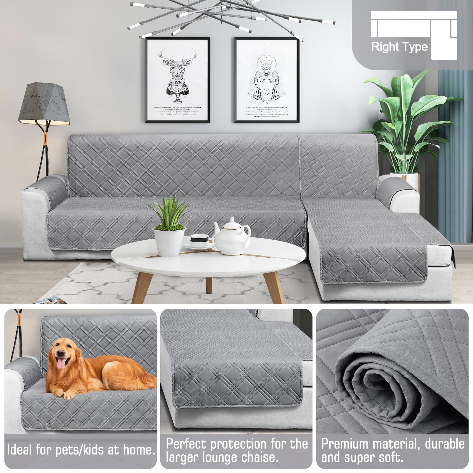 TAOCOCO Waterproof L-Shaped Sectional Sofa Cover Set - 3-Piece Reversible Couch Protector with Elastic Straps for Pets & Kids (X-Large, Gray) | Perfect for Living Room, Family Room & Pet-Friendly Homes