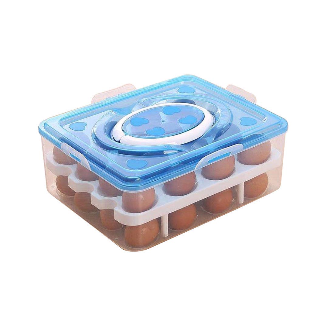 Wrixty Double Layer 32 Grid Egg Storage Container with Lid & Handle - Refrigerator Organizer for Eggs, Fruits & Vegetables - Durable Kitchen Food Storage Box (Blue) - Perfect for Farm Fresh Eggs, Grocery Organization & Compact Fridge Space Saving