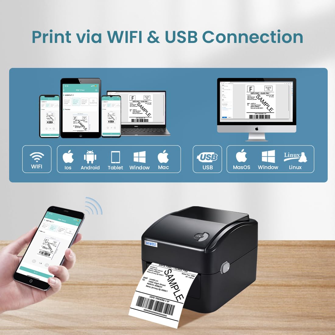 VRETTI Wireless Thermal Label Printer 4x6 - 5G Wi-Fi High Speed Shipping Label Printer for Small Business & Packages | Compatible with USPS, Canada Post, iPhone, Android, Windows & Mac | Ideal for E-commerce, Warehouse & Home Shipping