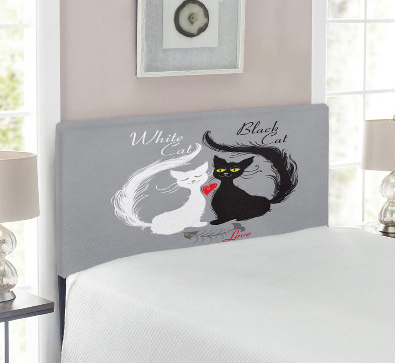 Ambesonne Romantic Cat Headboard - Twin Size Upholstered Metal Bed Frame with Memory Foam | Black White Grey Design Featuring Loving Cats & Red Heart | Perfect for Pet Lovers' Bedroom Decor & Cozy Sleep