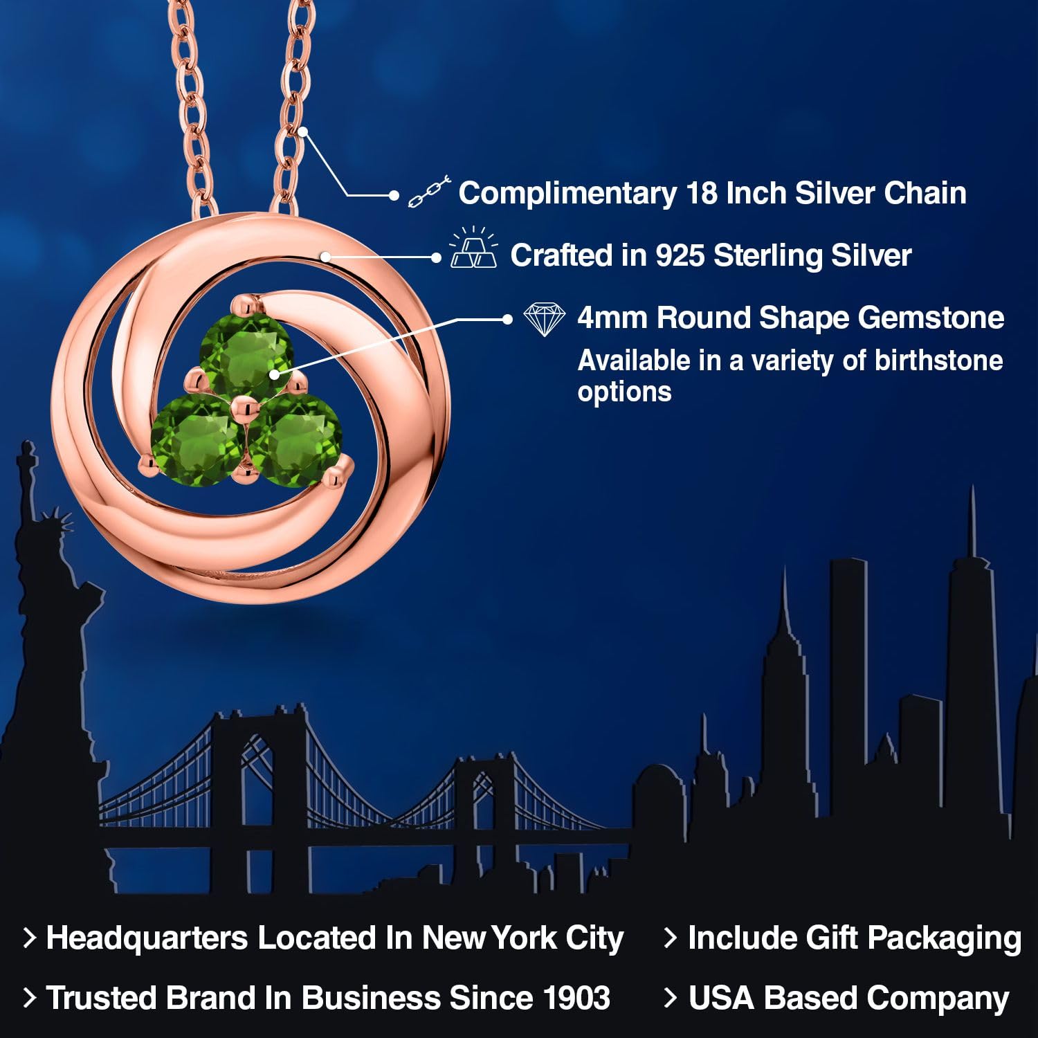 18K Rose Gold Plated Sterling Silver 4MM Round Birthstone Pendant Necklace for Women - 3 Stone Circle Design with 18 Inch Chain | Perfect Gift for Birthday, Anniversary & Mother's Day | Elegant Jewelry for Daily Wear & Special Occasions