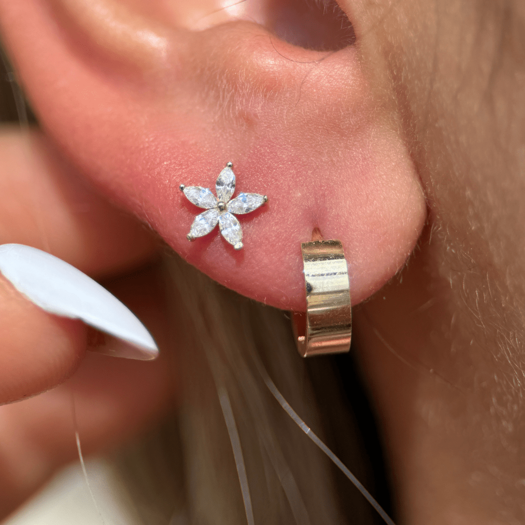 14k White Gold Marquise Flower Flat Back Earrings for Women - Elegant Dainty Studs for Daily Wear, Parties & Special Occasions