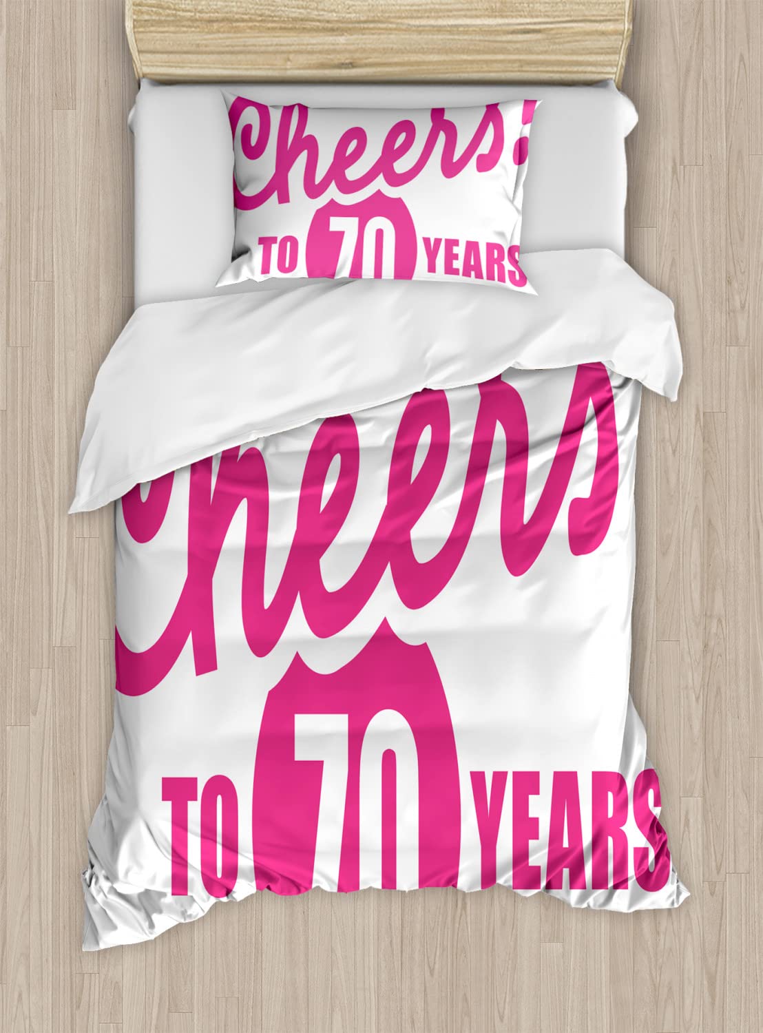 Ambesonne 70th Birthday Duvet Cover Set - Cheers to 70 Years Calligraphy Design, Twin Size 2-Piece Bedding Set with 2 Pillowcases (Hot Pink & Black) - Perfect for Birthday Parties, Anniversary Gifts & Bedroom Decor
