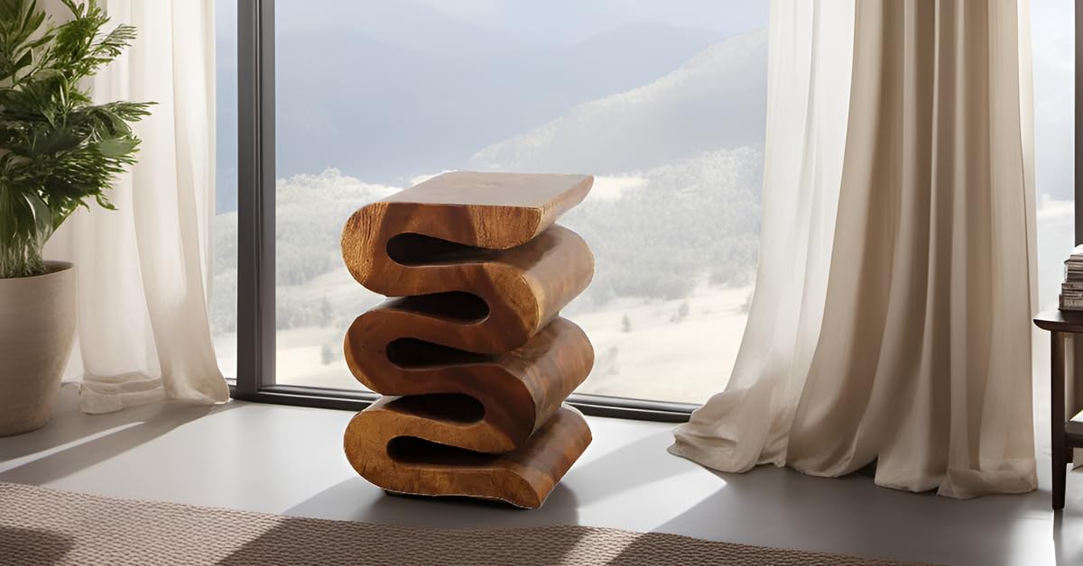 Haussmann® Wood Wave Verve Accent Snake Table - 14x14x20 Inches - Handcrafted Walnut Oil Finish - Modern Side Table for Living Room, Bedroom & Office Decor