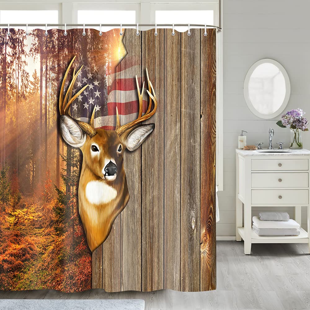 Rustic Deer Shower Curtain Set - 70x70 Inch Hunting Lodge Bathroom Decor with Wooden Barn Door Design, Polyester Forest Animal Print for Cabin, Countryside & Western Style Bathrooms | Perfect for Fall Decor, Hunting Lodges & Nature-Themed Bathrooms