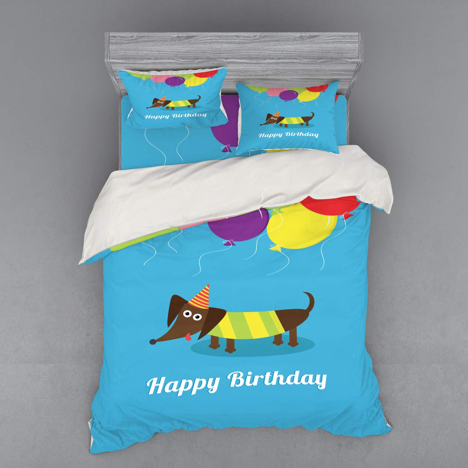 Ambesonne Dachshund Dog Bedding Set - 4 Piece Duvet Cover with Shams & Fitted Sheet, Queen Size Multicolor - Happy Birthday Balloon Dog Breed Illustration for Pet Lovers | Perfect for Birthday Gifts & Dog Themed Bedroom Decor