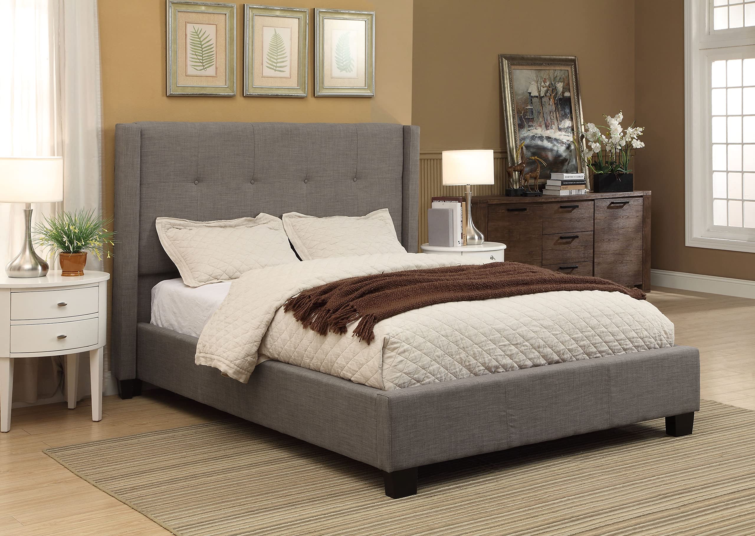 Modus Furniture Solid Wood Full Size Platform Bed Frame - Madeleine Collection in Dolphin Linen | Modern Minimalist Bedroom Furniture for Small Spaces & Guest Rooms