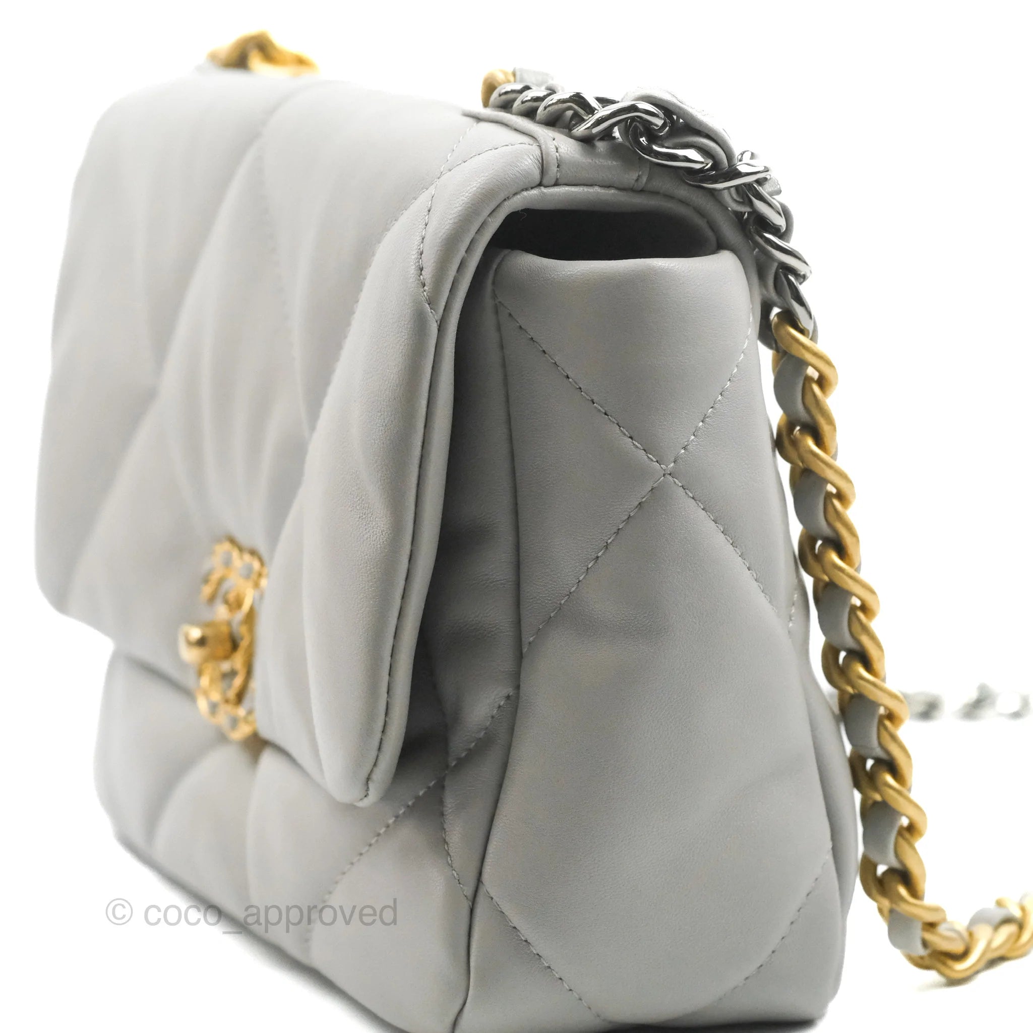 Chanel 19 Small Grey Lambskin Leather Bag with Mixed Gold & Silver Hardware - Perfect for Everyday Luxury & Evening Events