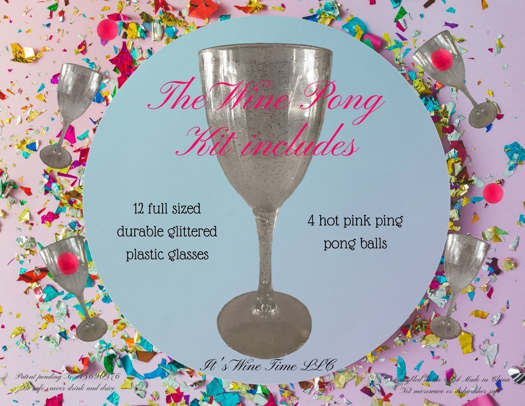 Silver Glitter Wine Pong Game Set - 12 Cups & 4 Hot Pink Balls for Prosecco, Red Wine, White Wine & Champagne Pong - Perfect for Birthday Parties, Bachelorette Celebrations & College Events