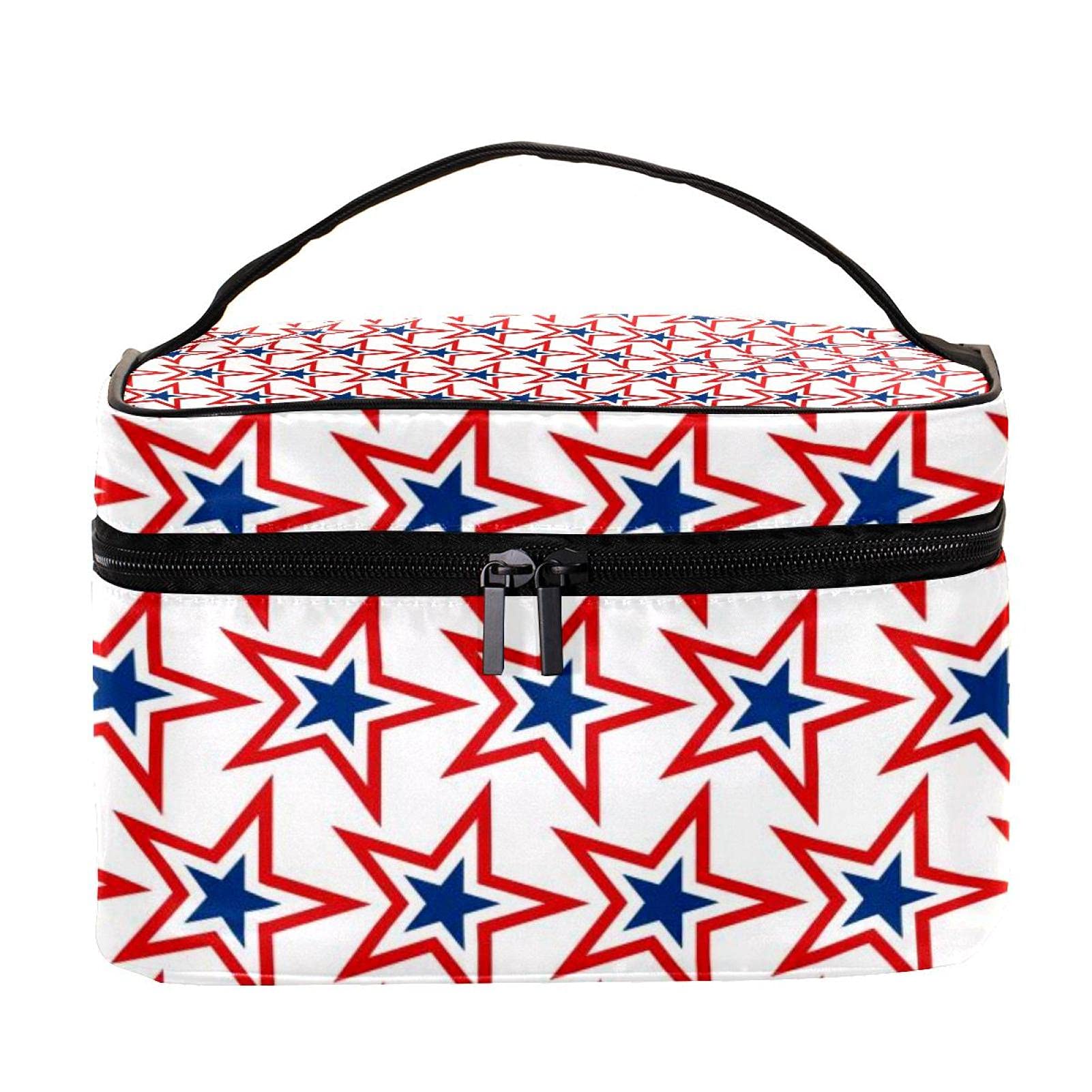 Patriotic Blue Red Stars Pattern Large Travel Makeup Bag - Waterproof Cosmetic Organizer with Zipper for Women & Girls | Perfect for Vacation, Gym, Beach Trips & Daily Essentials Storage