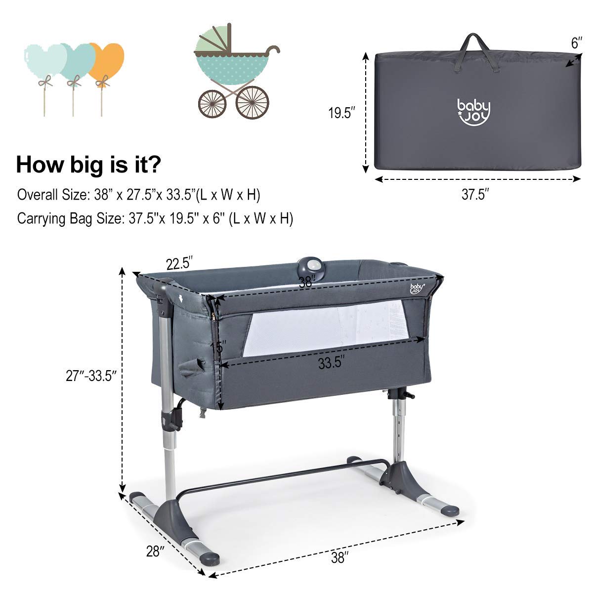 BABY JOY Adjustable Portable Baby Bassinet Crib with Music Box, Toy Rack & Mattress - Breathable Mesh Design, Foldable Travel Bassinet for Newborns - Perfect for Nursery, Bedside Sleeping & Travel (Dark Grey)