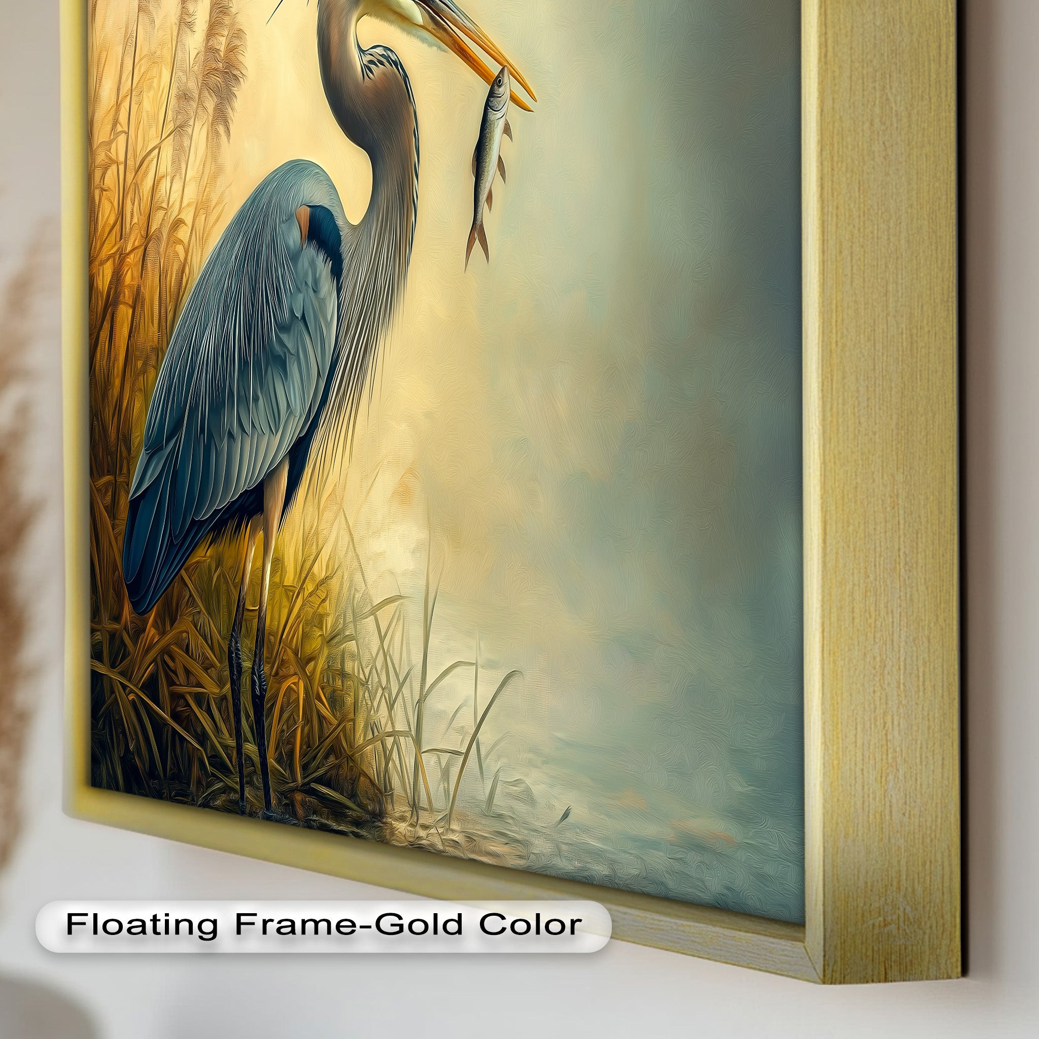 Blue Heron with Fish Oil Painting - Handmade Wildlife Artwork for Home & Office Decor | Perfect for Living Room, Bedroom, or Office Wall Art