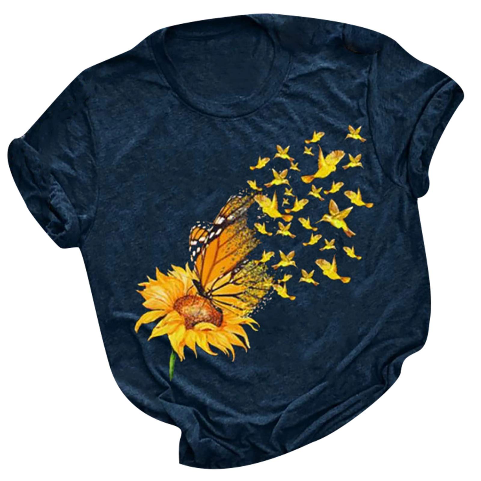Gloneld Women's Sunflower Butterfly Print T-Shirt - Fashion Casual Round Neck Short Sleeve Graphic Tee Top for Summer Outfits & Daily Wear