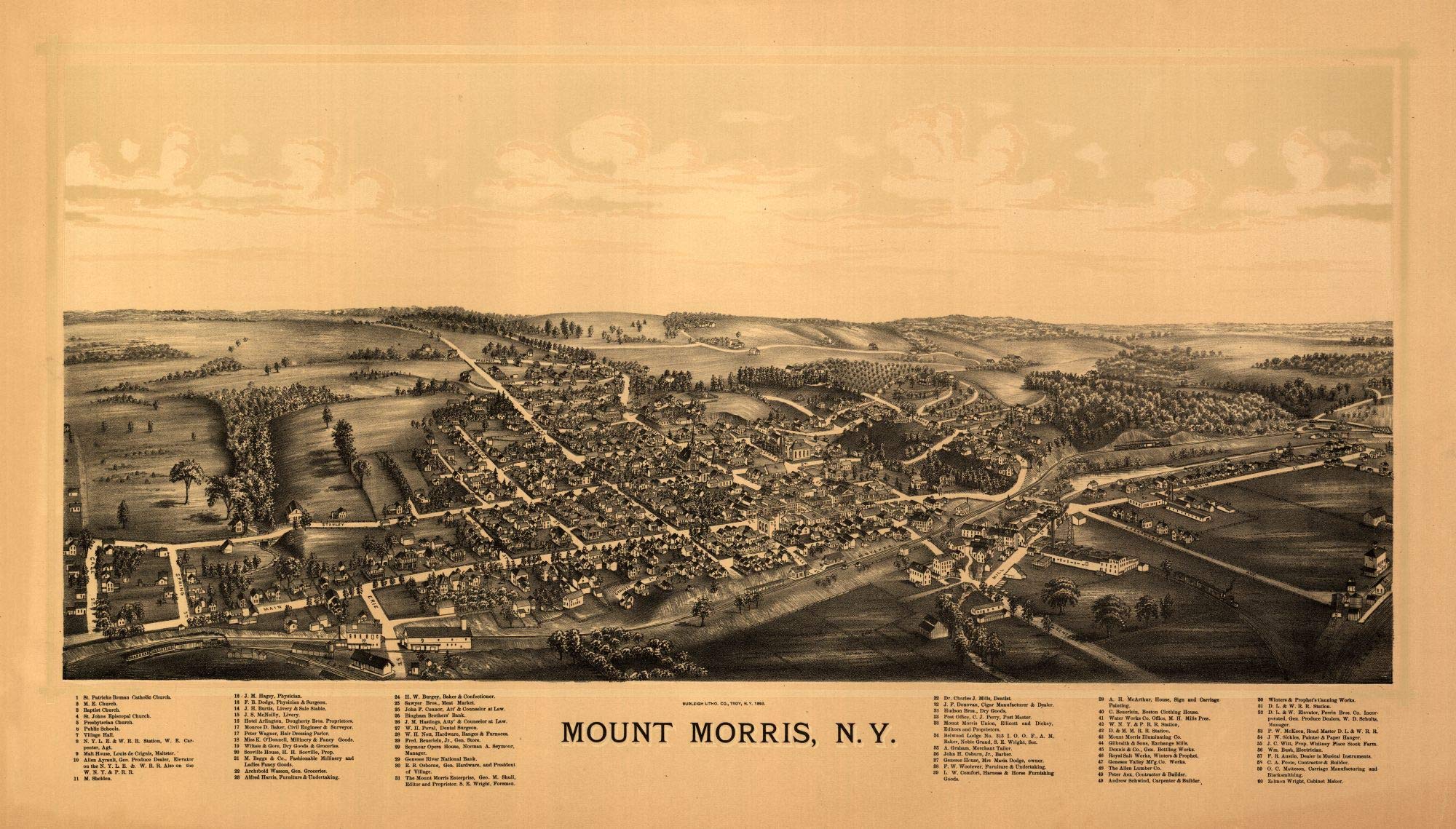 Vintage 1893 Burleigh Map of Mount Morris New York - 23x40 Inch Matte Canvas Wall Art - Perfect for Home Decor, Office & History Enthusiasts