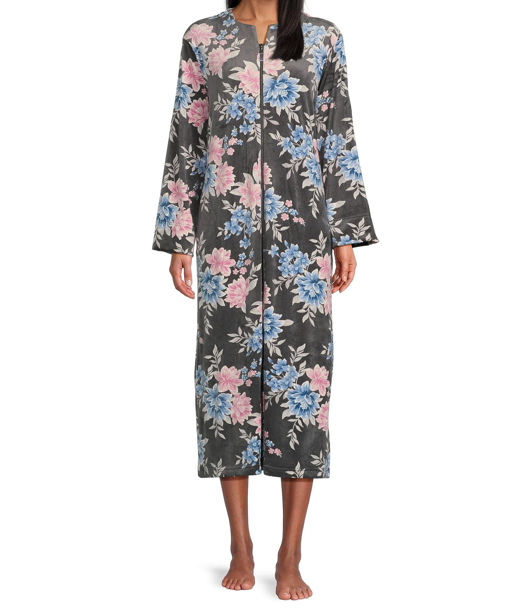 Miss Elaine Women's Soft Velvet Fleece Nightgown - Long Sleeve Winter Sleepwear with Breakaway Zipper & Side Pockets | Cozy Loungewear for Home, Christmas Gift for Her