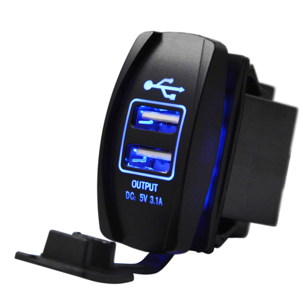 12V-24V Dual USB Charger Rocker Switch with Blue Backlight - Compatible with UTV, Polaris Ranger RZR XP Turbo, Can-Am Commander & Maverick X3 - Perfect for Off-Road Vehicles & Power Sports Accessories
