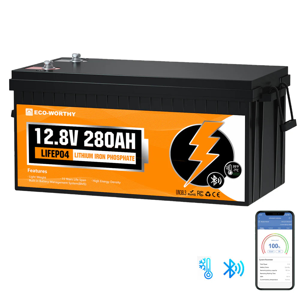 ECO WORTHY 12V 280Ah LiFePO4 Lithium Iron Phosphate Battery with Bluetooth - Perfect for Solar Power Systems, RVs, Marine Applications & Off-Grid Energy Storage