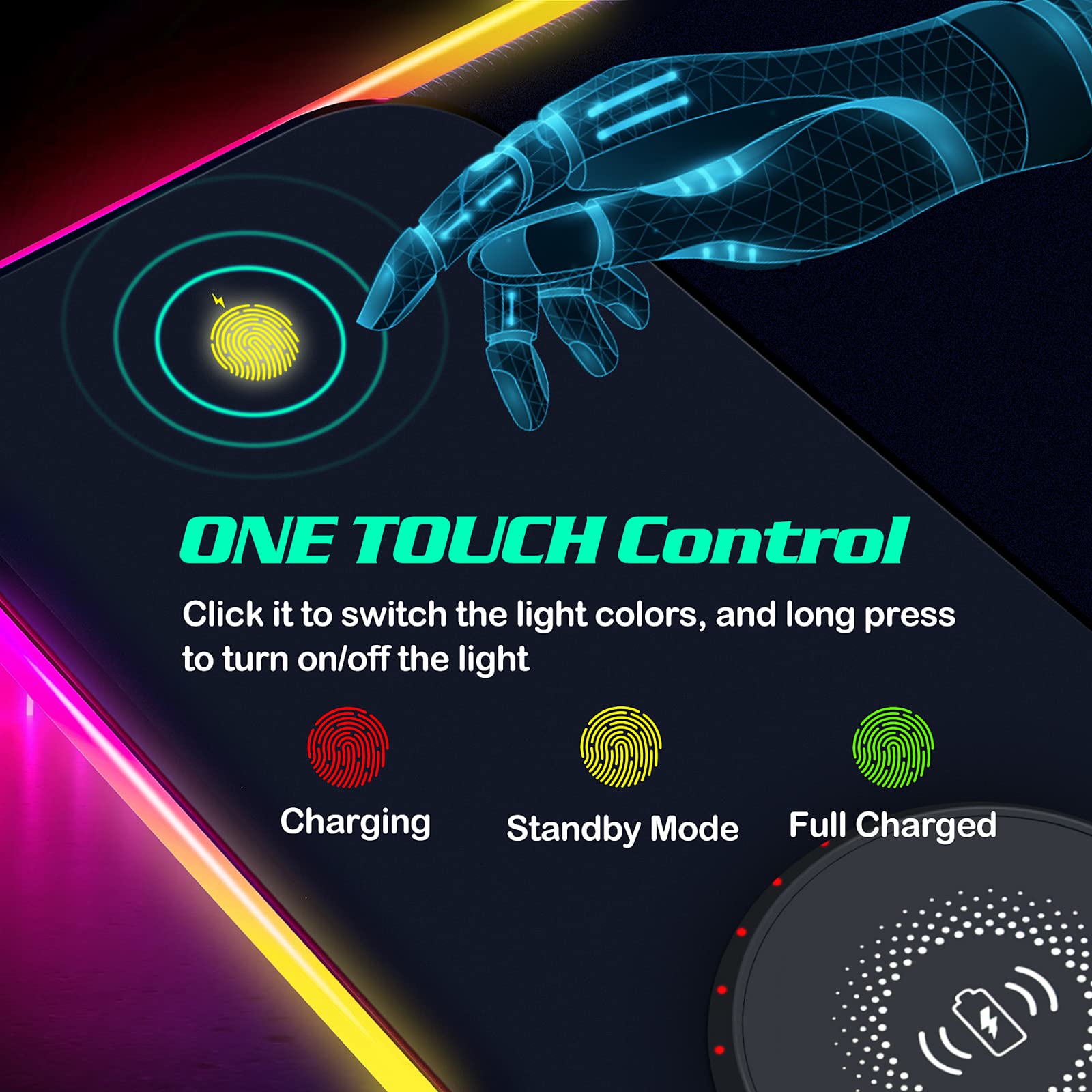 RGB Gaming Mouse Pad with 15W Wireless Charger & 10 Light Modes - for PC, Laptop, MacBook