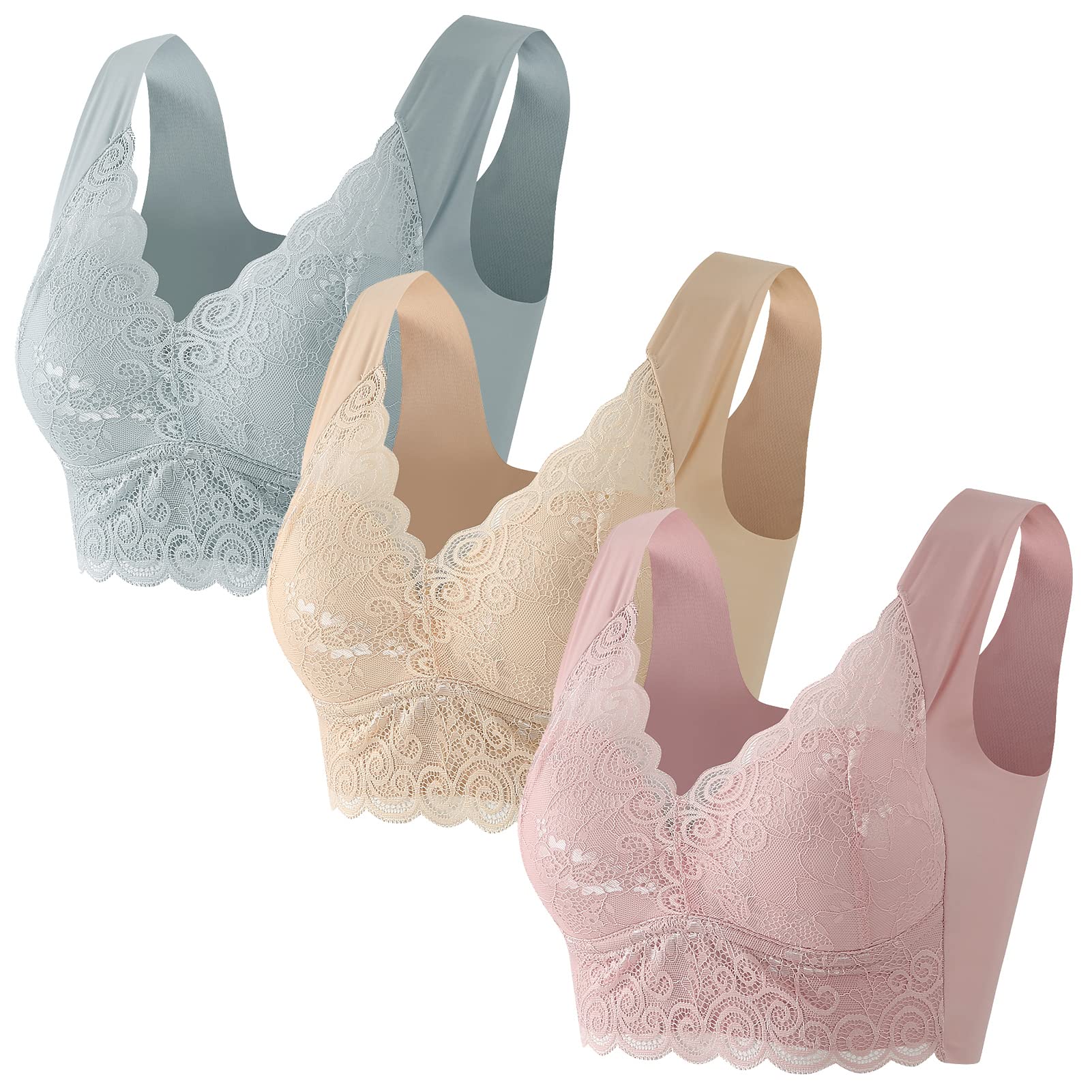 3 Pack Women's Plus Size Push Up Sports Bras - Seamless Lace Bralette for Yoga, Sleep & Workout - Comfortable Wide Shoulder Straps - Size 3XL - Perfect for Gym, Lounge & Everyday Wear