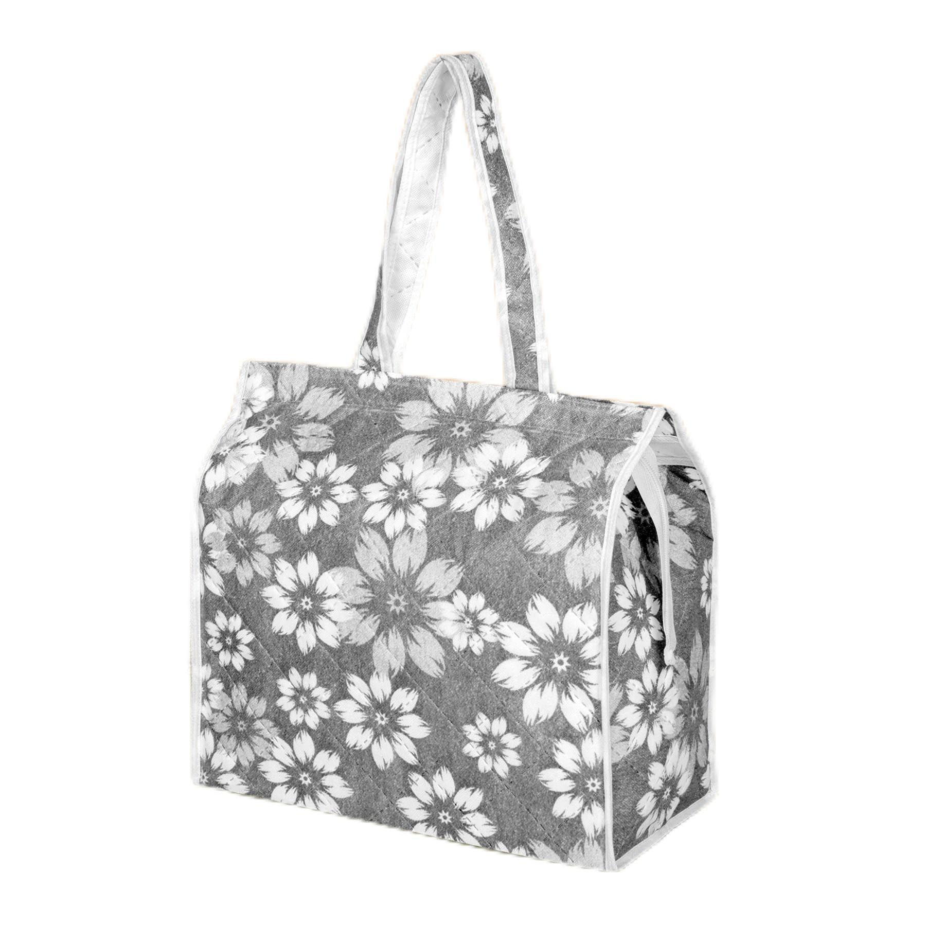 Waterproof Reusable Grocery Tote Bag with Handles - Heart Home Shopping Storage Handbag for Vegetables, Shopping & Daily Use | Quilted Flower Design in Gray