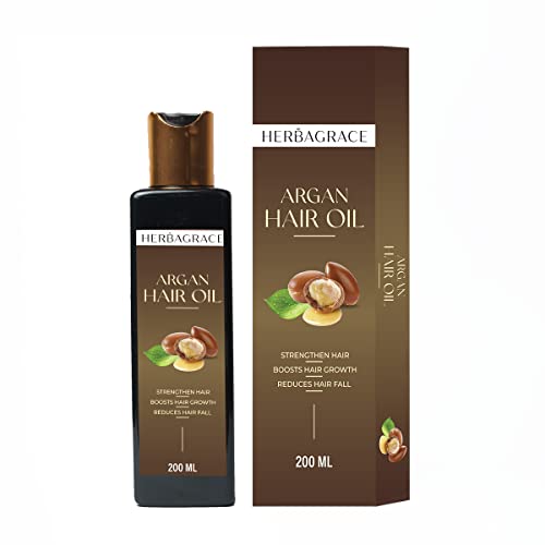 Herba Grace Moroccan Argan Hair Oil 200ml - Natural Hair Treatment for Smoothing, Thickening & Strengthening | Best for Long Strong Hair, Dry Frizzy Hair & Dandruff Control | Suitable for All Hair Types | Perfect for Daily Hair Care & Salon-Quality Results at Home