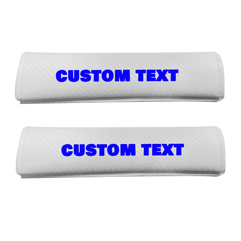 Yajomi 2-Pack Universal Car Seat Belt Covers - Soft White 4D Carbon Fiber Shoulder Strap Pads for 99% Vehicles | Comfortable Safety Belt Cushions with Custom Text | Perfect for Long Drives, Road Trips & Daily Commute