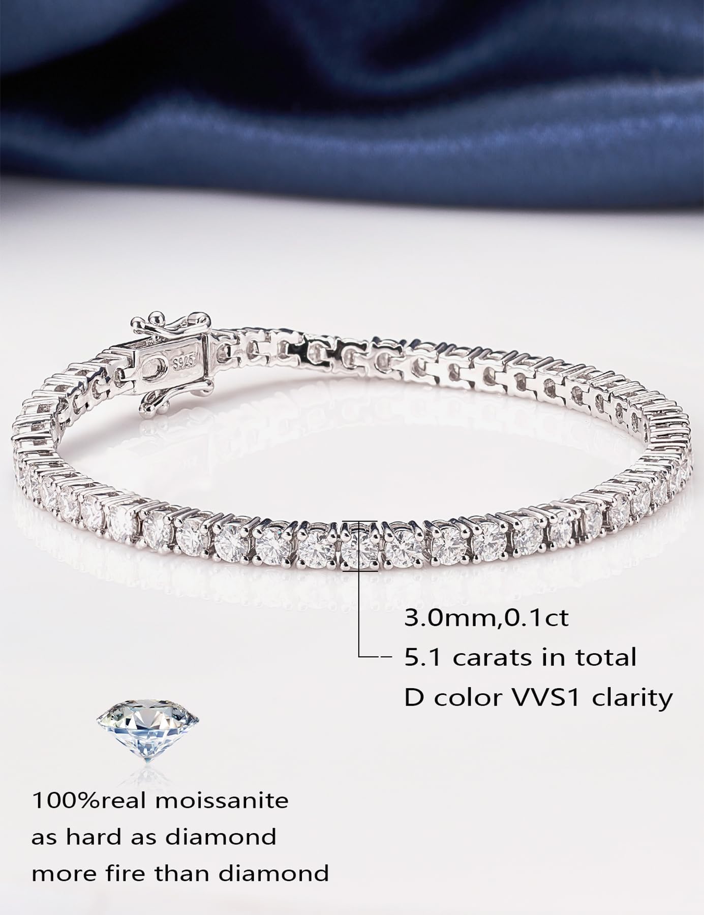 IMOLOVE 3 Carat Moissanite Tennis Bracelet for Women - Sterling Silver & 18K White Gold Plated Wedding Bracelet - Elegant Dainty Stackable Bracelet for Brides, Anniversaries, Date Nights & Special Occasions