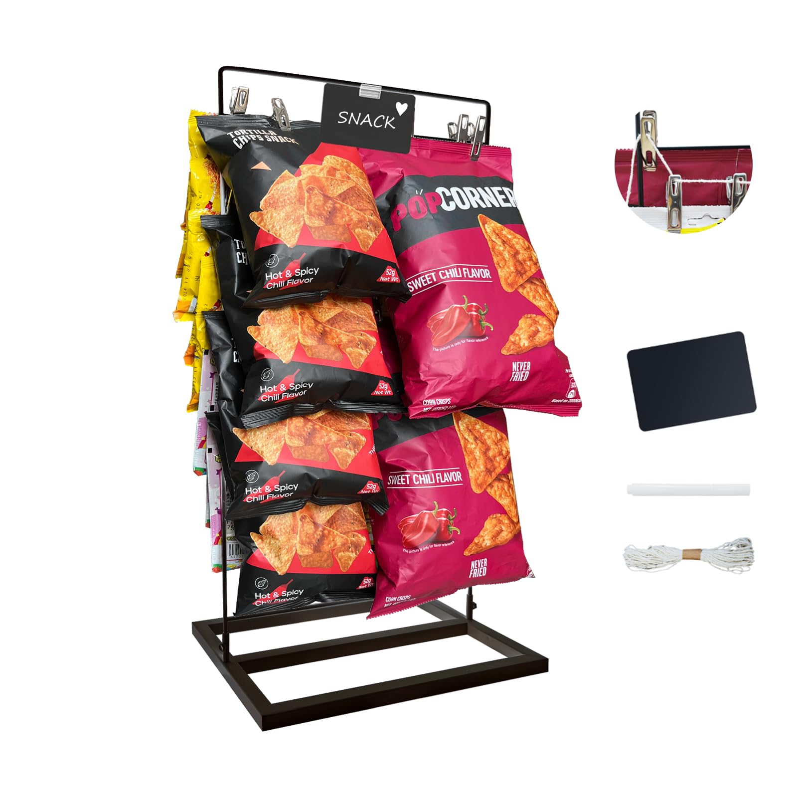 **Thickened Base Chip Rack Display Stand with 40 Clips - Snack & Chip Bag Holder for Pantry Organization, Party Serving, and Concession Stand Supplies (Black, Medium)**    **Usage Scenarios:** Perfect for organizing snacks in pantries, displaying chips at parties, or enhancing concession stand setups.