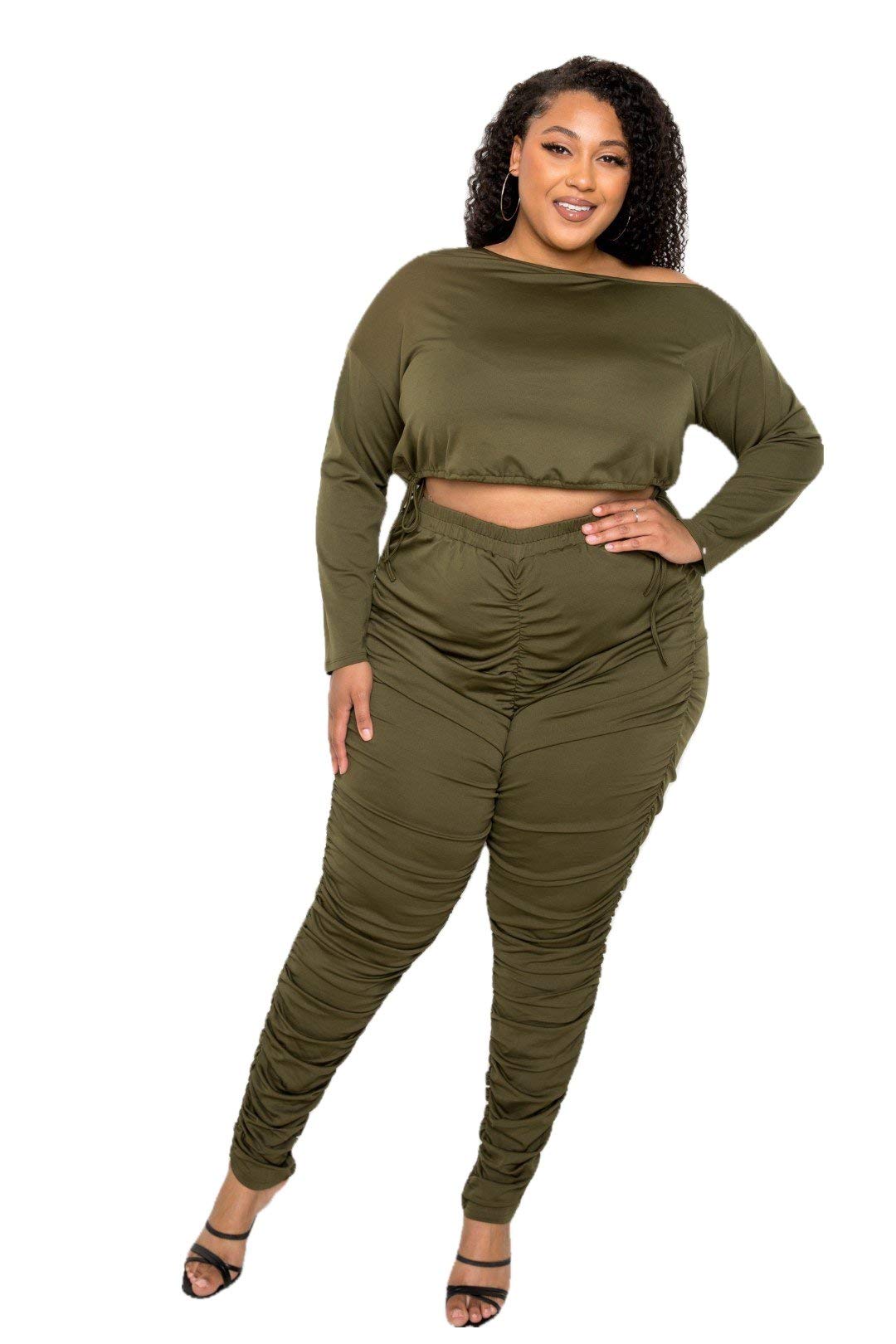 Off Shoulder Cropped Top & Ruched Leggings Set - Olive Green 1XL Women's Workout Outfit for Yoga, Gym & Casual Wear