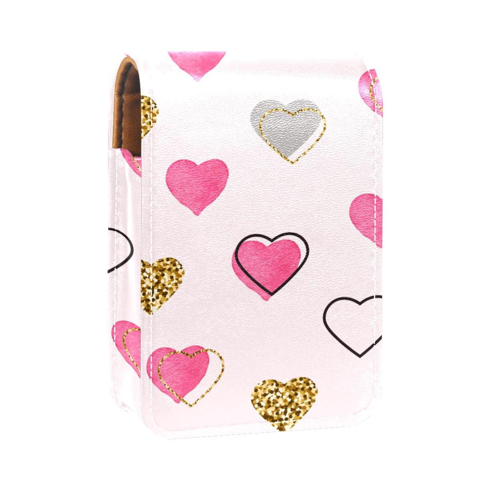 Personalized Lipstick Case - Portable Makeup Bag & Cosmetic Pouch Organizer (Pink, Gold, Grey) with Love Heart Pattern - Perfect for Travel, Gift & Daily Makeup Storage