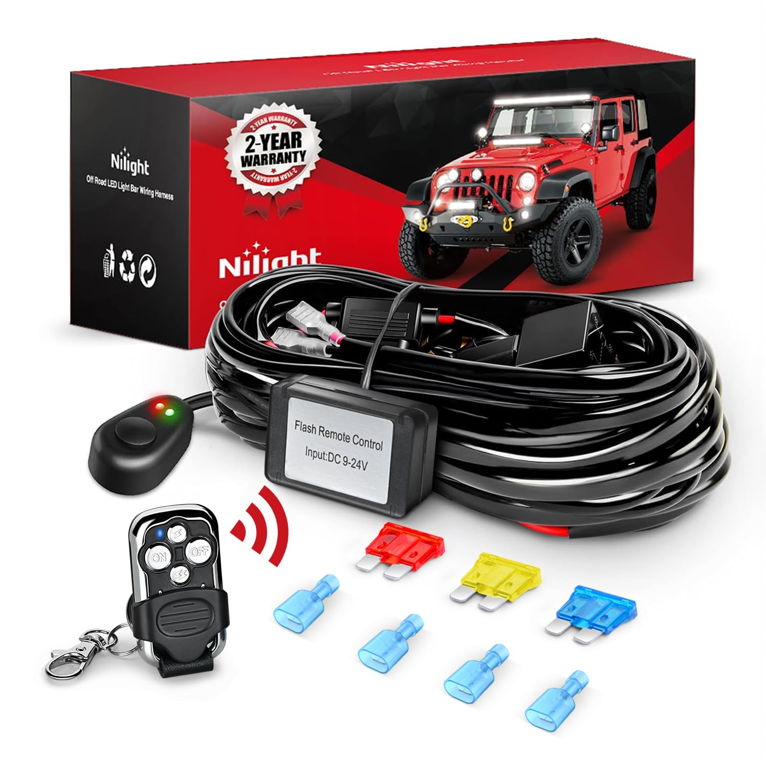 14AWG Wire Harness Kit with Remote Controller Switch - Includes 3 Fuses & 4 Spade Connectors | Automotive, Marine & DIY Electrical Wiring Projects